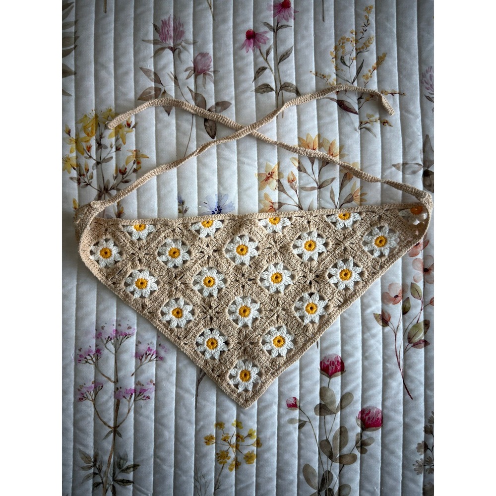 Handmade Crochet Daisy Granny Square Bandana Women Tan One Size